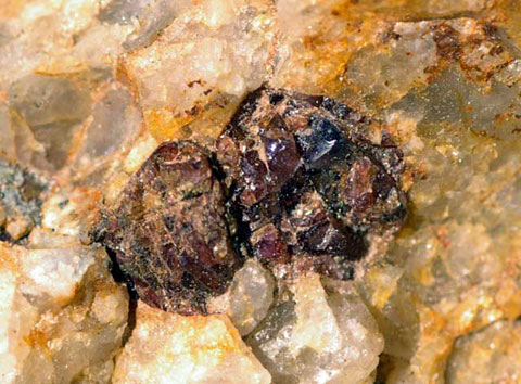 Closeup photo of garnet embedded in quartz