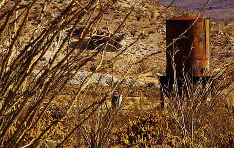 Photo of the water tank at the old Dos Cabezas Station of the San Diego and Arizona Railway